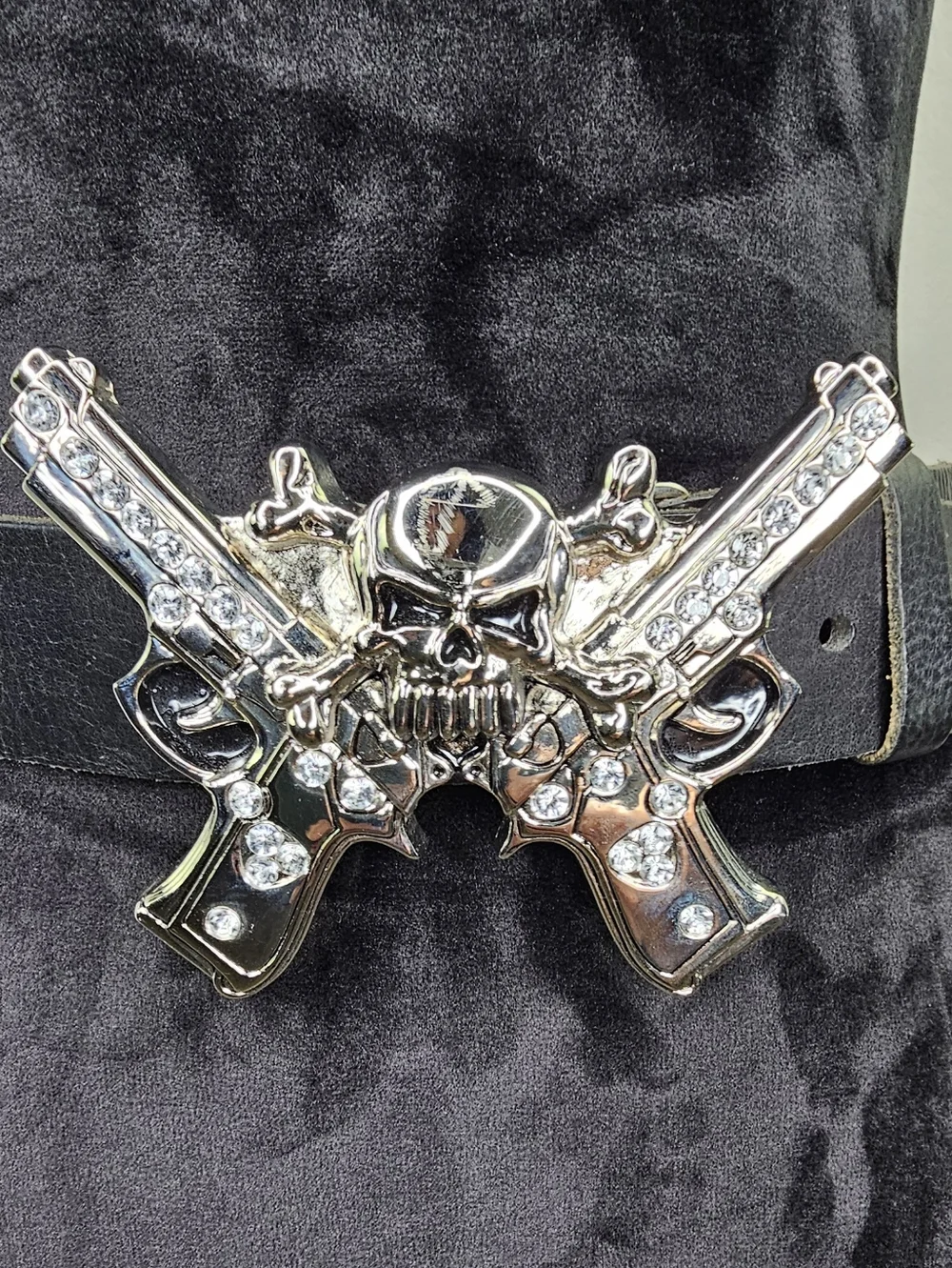 Rock Rebel Double Barrel Crossbones Skull Stone Leather Black Belt 32